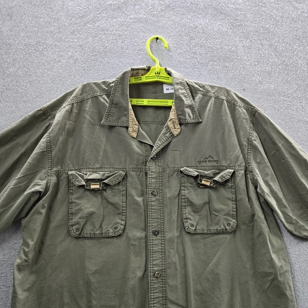 Eddie Bauer Men Button Up Shirt XL Green Ripstop Utility Safari Outdoor READ